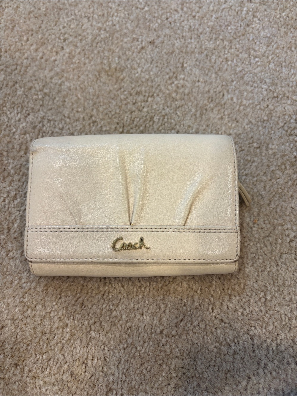 Coach Cream Leather Compact Wallet with Gold Script Logo